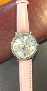 Women's 37mm silver Tone Folio Watch, Pale Pink Band, Crystal Accents